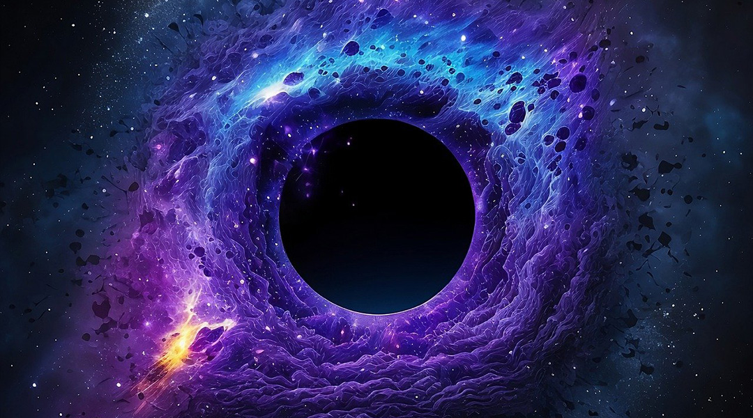 Artist's rendition of a black hole with a dark matter halo.