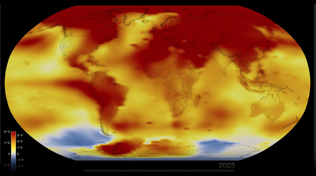 A map of Earth in 2023 shows global surface temperature anomalies, or how much warmer or cooler each region of the planet was compared to the average from 1951 to 1980.