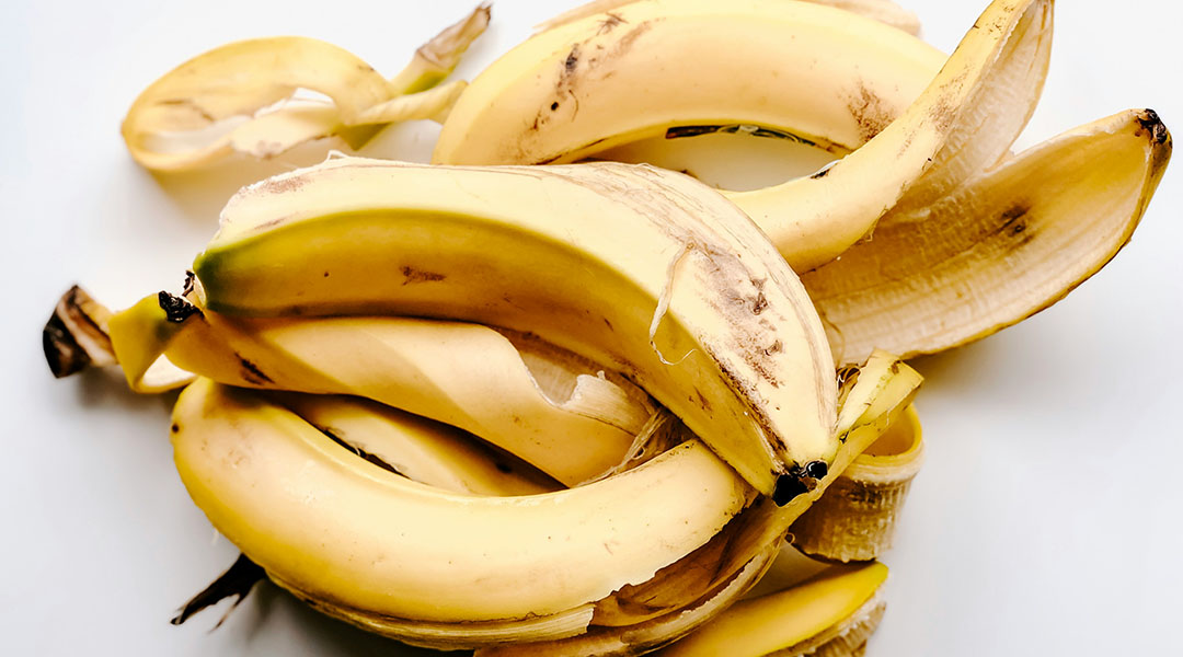 Bananas and peels on a white background.